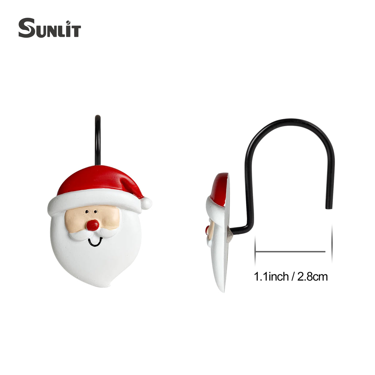 Sunlit Merry Christmas Shower Curtain Hooks Smiling Santa Claus Shower Curtain Rings, Resin, Christmas Decor, Winter Bathroom Decoration - 12 Pack