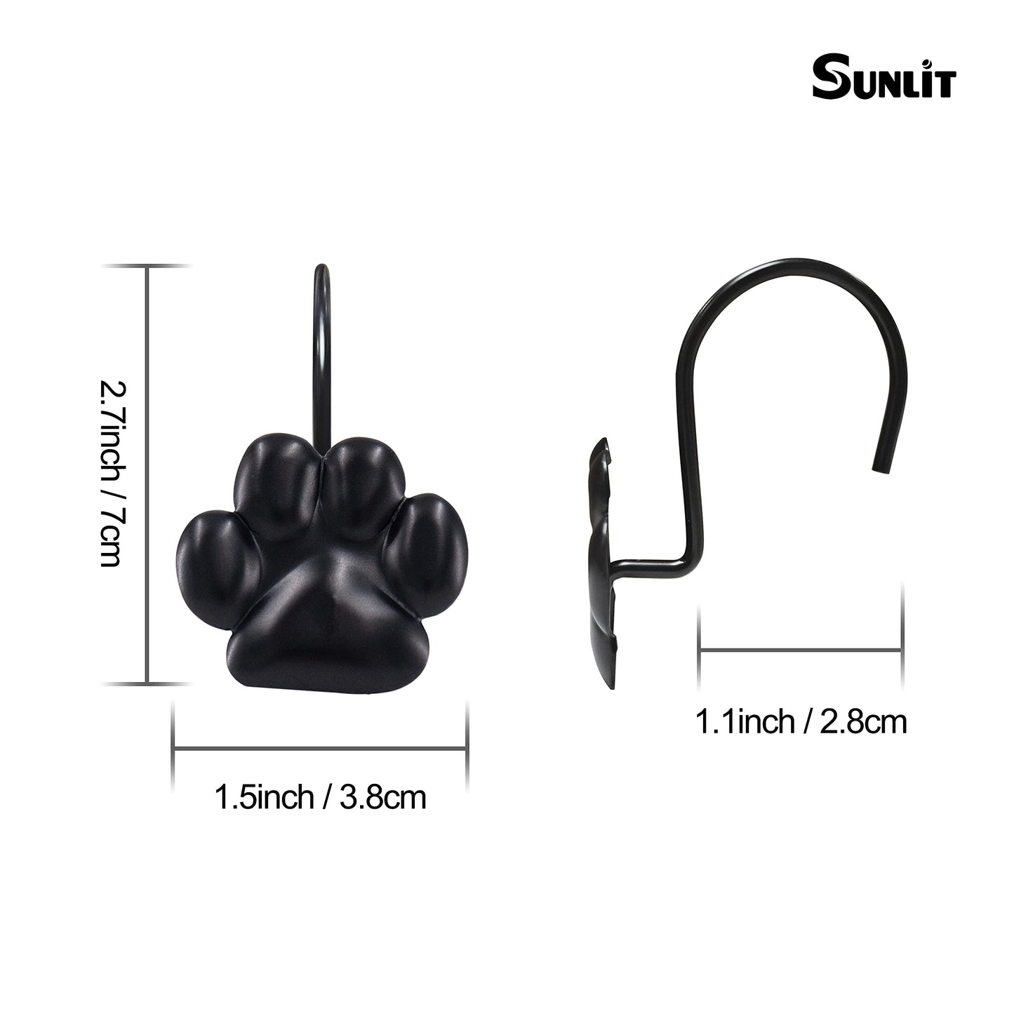 Sunlit Fashion Design Cute Paw Print Polished Shower Curtain Hooks for Dog Cat and Bear, Rust Proof Oil Rubbed Metal Shower Curtain Rings-12 Pack