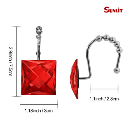 Sunlit Luxury Design Square Red Diamond Crystal Gem Bling with Glide Balls Shower Curtain Hooks, Rust Proof Metal Rhinestones Glam Shower Curtain Rings-12 Pack