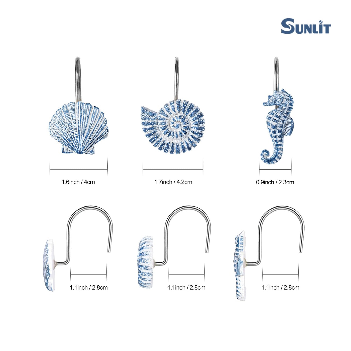 Sunlit Seashells Decorative Shower Curtain Hooks, Blue Ocean Creatures Coastal Shower Curtain Rings with Black Hooks, Resin, Nautical Bathroom Decoration Beach Shower Curtain Hooks, Set of 12