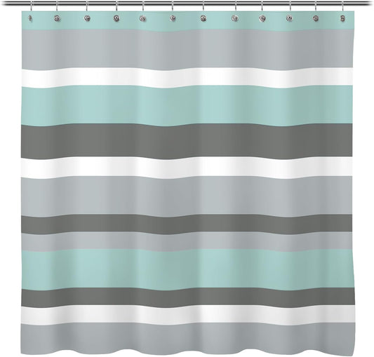 Sunlit Aqua Blue Gray Horizontal Stripes Water-Repellent Fabric Shower Curtain with Reinforced Metal Grommets Refreshing Striped Design Bathroom Decor