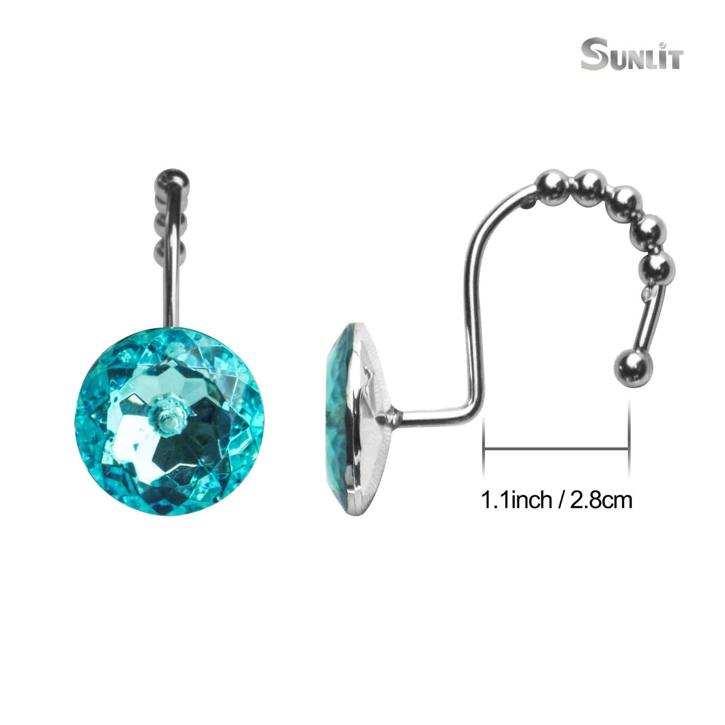 Sunlit Luxury Design Round Yellow Diamond Crystal Gem Bling with Glide Balls Shower Curtain Hooks, Rust Proof Metal Rhinestones Glam Shower Curtain Rings-12 Pack