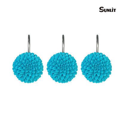 Sunlit Decorative Floral Shower Curtain Hooks, Turquoise Dahlia Pinnata Flower Shower Curtain Rings, Resin, Bathroom Decoration Blue Shower Curtain Hooks-12 Pack