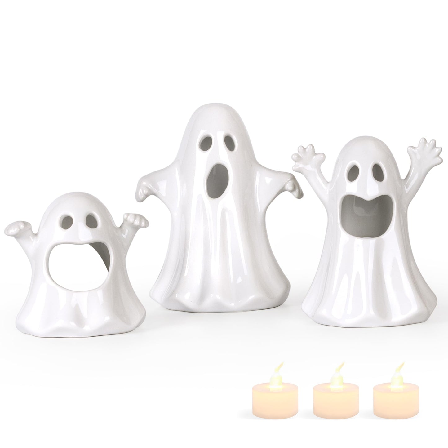 Sunlit Ceramic Pumpkin with 3 Tea Lights, Jack O Lantern Candle Holder Set of 3, Tabletop Indoor Halloween Decorations for Holiday Party Home