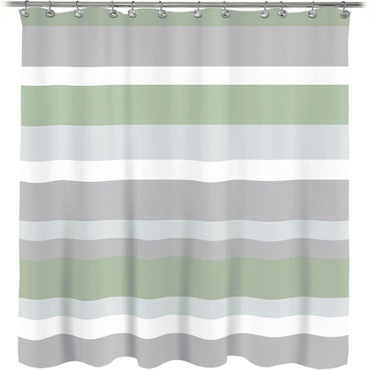 Sunlit Sage Green Gray Horizontal Stripes Water-Repellent Fabric Shower Curtain with Reinforced Metal Grommets Refreshing Striped Design Bathroom Decor, 72x72