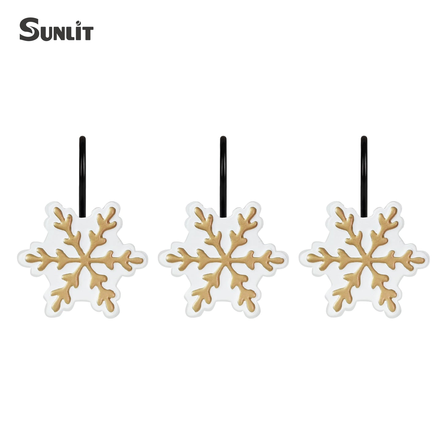 Sunlit Christmas Shower Curtain Hooks Silver Snowflakes Shower Curtain Rings, Resin, White Christmas Decor, Winter Bathroom Decoration - 12 Pack