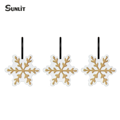 Sunlit Christmas Shower Curtain Hooks Silver Snowflakes Shower Curtain Rings, Resin, White Christmas Decor, Winter Bathroom Decoration - 12 Pack