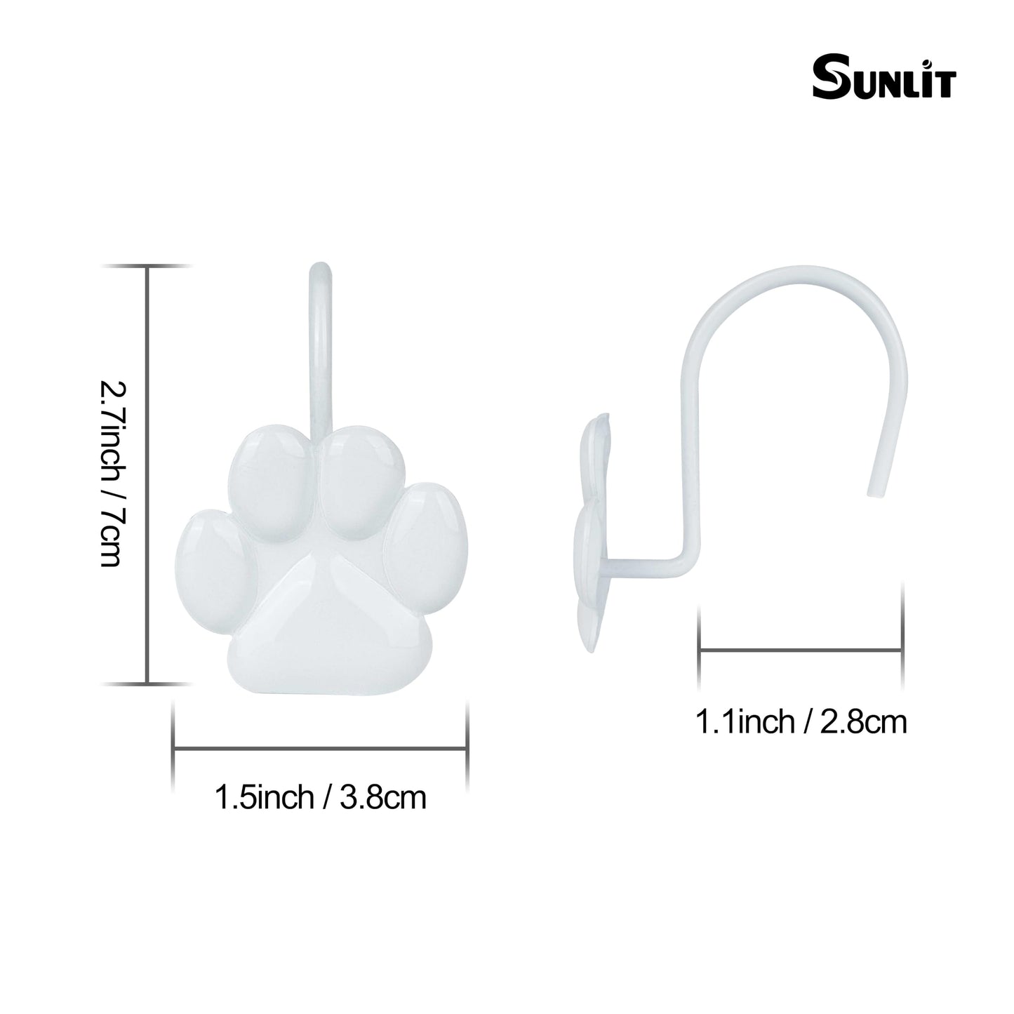 Sunlit Fashion Design Cute Paw Print Polished Shower Curtain Hooks for Dog Cat and Bear, Rust Proof Oil Rubbed Metal Shower Curtain Rings-12 Pack