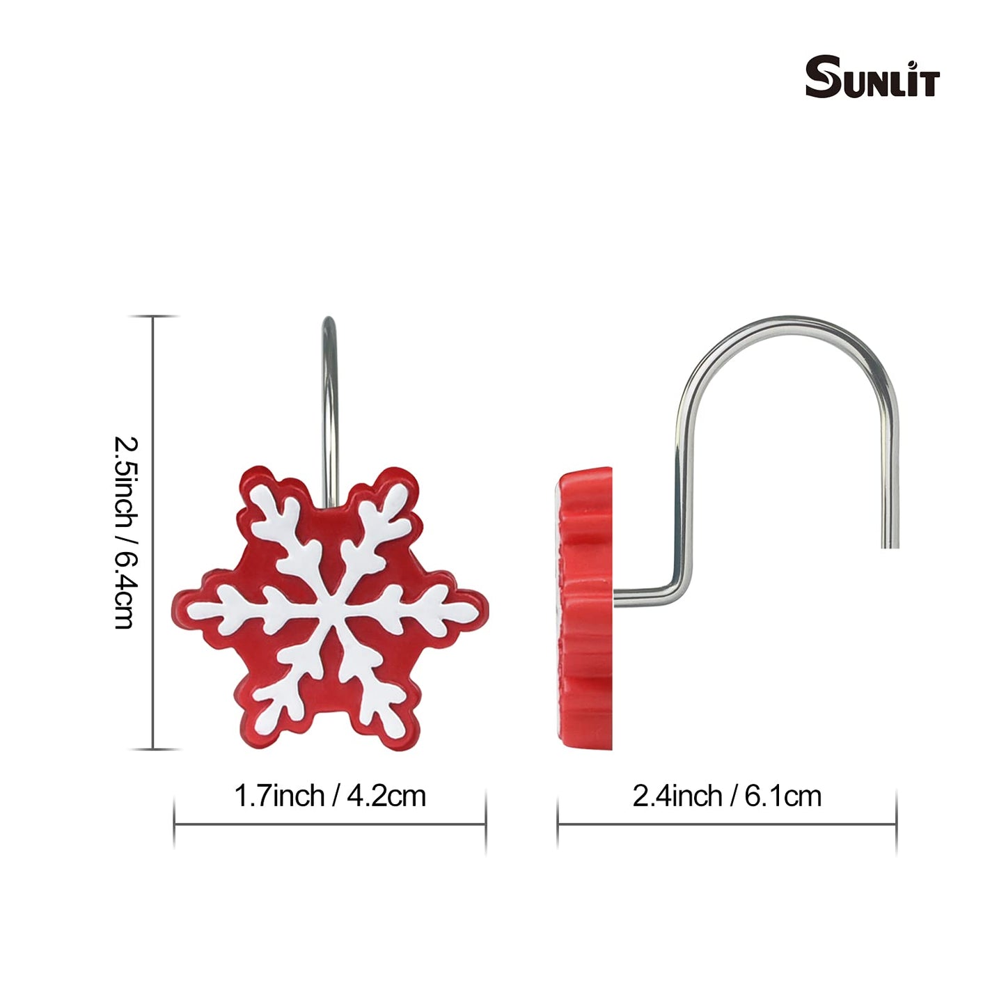 Sunlit Christmas Shower Curtain Hooks Silver Snowflakes Shower Curtain Rings, Resin, White Christmas Decor, Winter Bathroom Decoration - 12 Pack