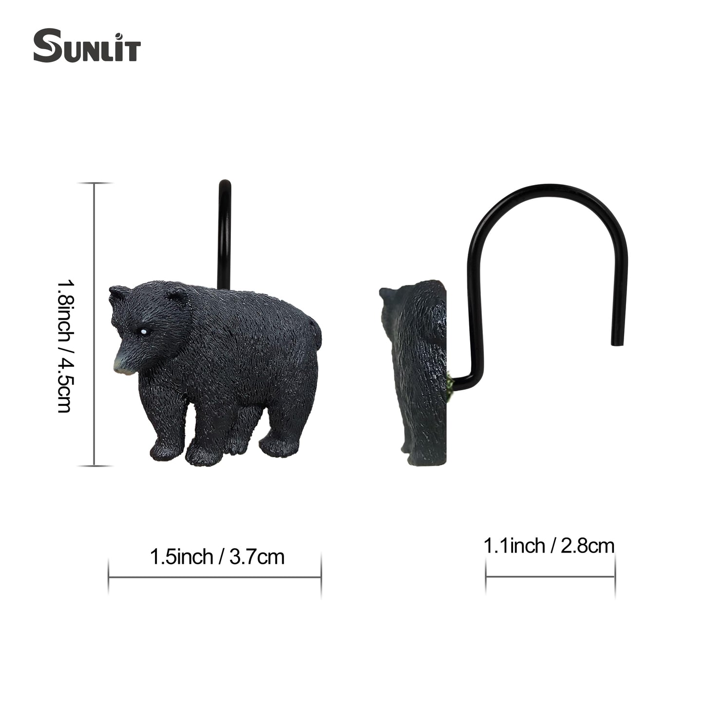 Sunlit Rustic Decorative Shower Curtain Hooks, Black Bear Shower Curtain Rings, Cabin Shower Curtain Hooks with Black Hooks, Resin, Farmhouse Bathroom Decoration, Set of 12