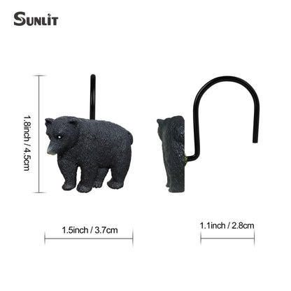 Sunlit Rustic Decorative Shower Curtain Hooks, Black Bear Shower Curtain Rings, Cabin Shower Curtain Hooks with Black Hooks, Resin, Farmhouse Bathroom Decoration, Set of 12