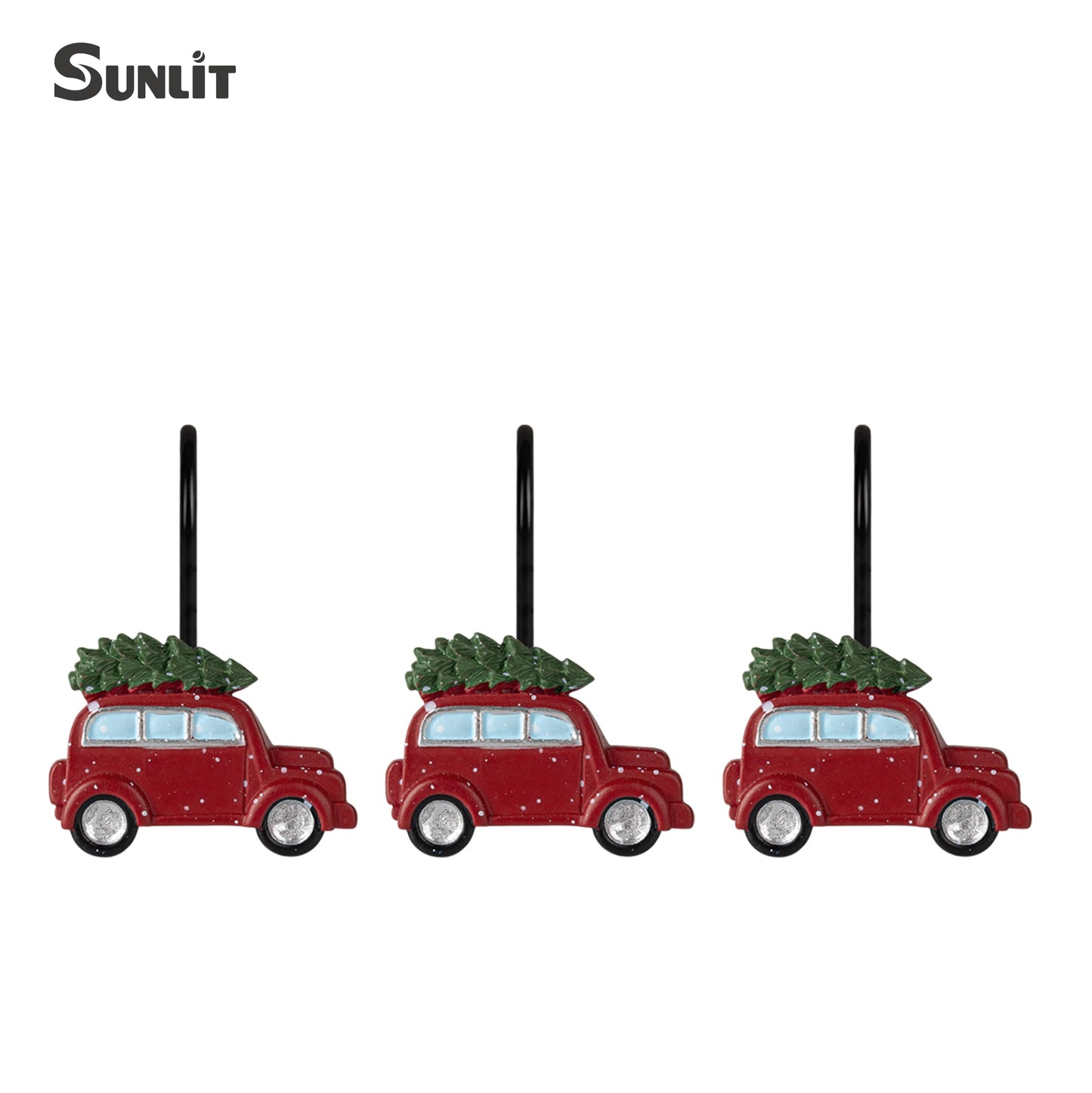 Sunlit Christmas Shower Curtain Hooks, Vintage Red Truck with Snow Xmas Tree Shower Curtain Rings, Resin, Rustic Farmhouse Christmas Decor, Winter Bathroom Decoration, Set of 12