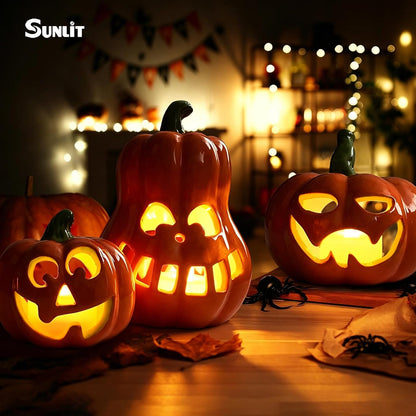 Sunlit Ceramic Pumpkin with 3 Tea Lights, Jack O Lantern Candle Holder Set of 3, Tabletop Indoor Halloween Decorations for Holiday Party Home