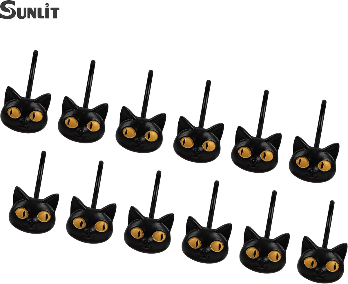Sunlit Halloween Black Cat Shower Curtain Hooks, Home Decorative Shower Curtain Rings for Bathroom, Shower Curtain Hangers Bathroom Accessories, Set of 12, Classic Meows