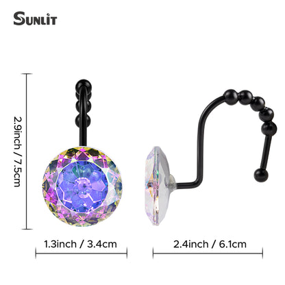 Sunlit Round Rhinestone Shower Curtain Hooks with Glide Balls, 12 Pack