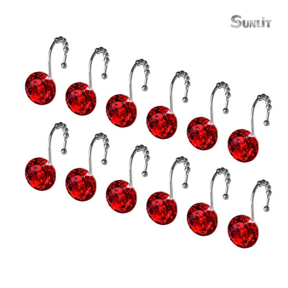 Sunlit Luxury Design Round Clear Diamond Crystal Gem Bling with Glide Balls Double Shower Curtain Hooks, Rust Proof Metal Rhinestones Glam Shower Curtain Rings-12 Pack