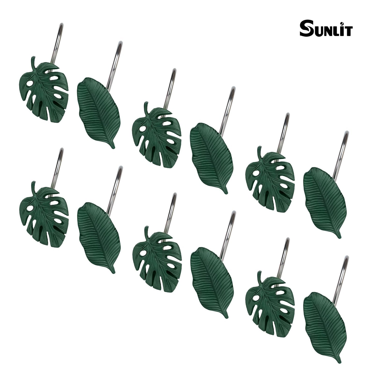Tropical Leaf Decorative Shower Curtain Hooks, Green Botanical Shower Curtain Rings with Black Hooks, Resin, Monstera Deliciosa Leaves Shower Curtain Hangers for Bathroom, Set of 12