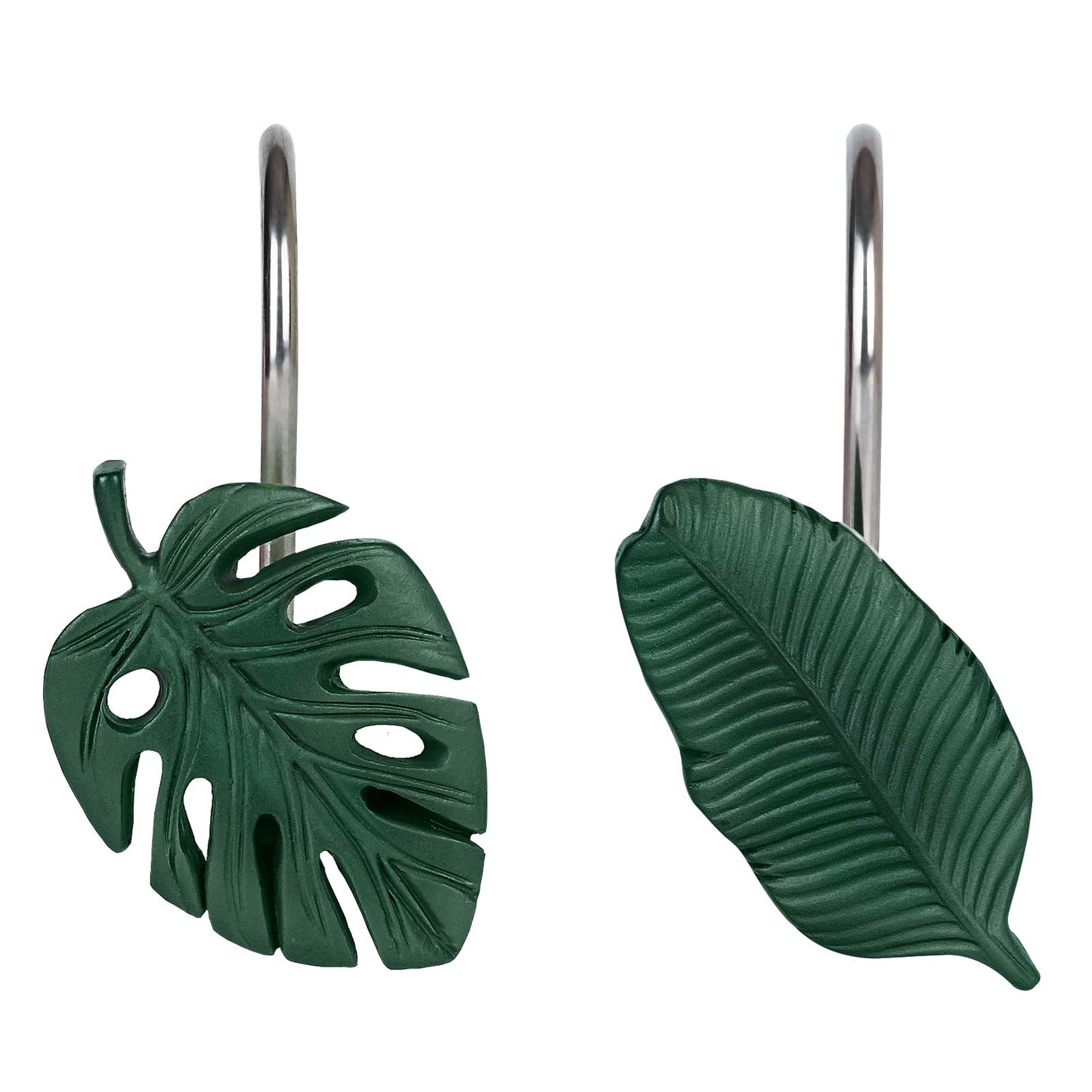 Tropical Leaf Decorative Shower Curtain Hooks, Green Botanical Shower Curtain Rings with Black Hooks, Resin, Monstera Deliciosa Leaves Shower Curtain Hangers for Bathroom, Set of 12