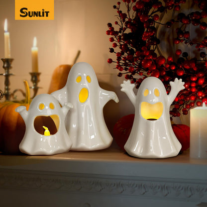 Sunlit Ceramic Pumpkin with 3 Tea Lights, Jack O Lantern Candle Holder Set of 3, Tabletop Indoor Halloween Decorations for Holiday Party Home