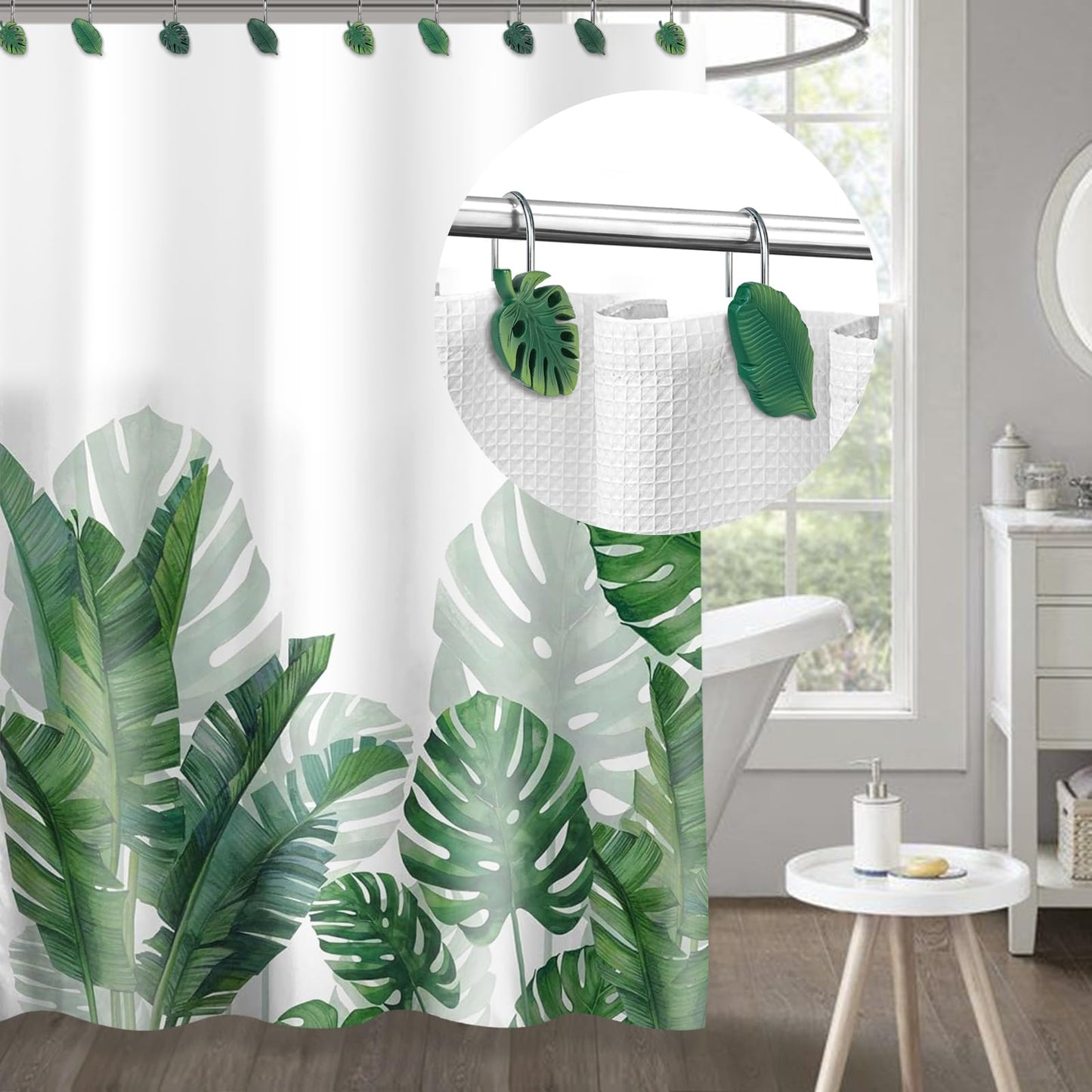 Tropical Leaf Decorative Shower Curtain Hooks Green Botanical Shower Curtain Rings, Resin, Monstera Deliciosa Leaves Shower Curtain Hangers for Bathroom, Set of 12