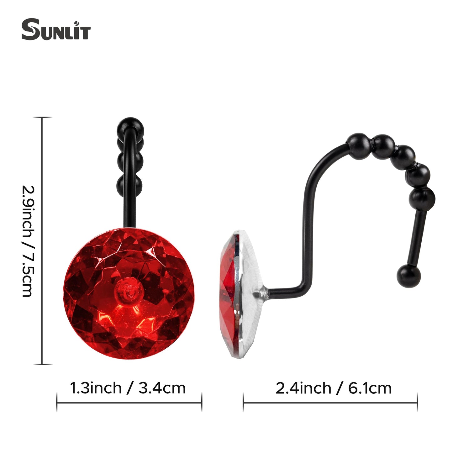 Sunlit Luxury Design Round Clear Diamond Crystal Gem Bling with Glide Balls Double Shower Curtain Hooks, Rust Proof Metal Rhinestones Glam Shower Curtain Rings-12 Pack