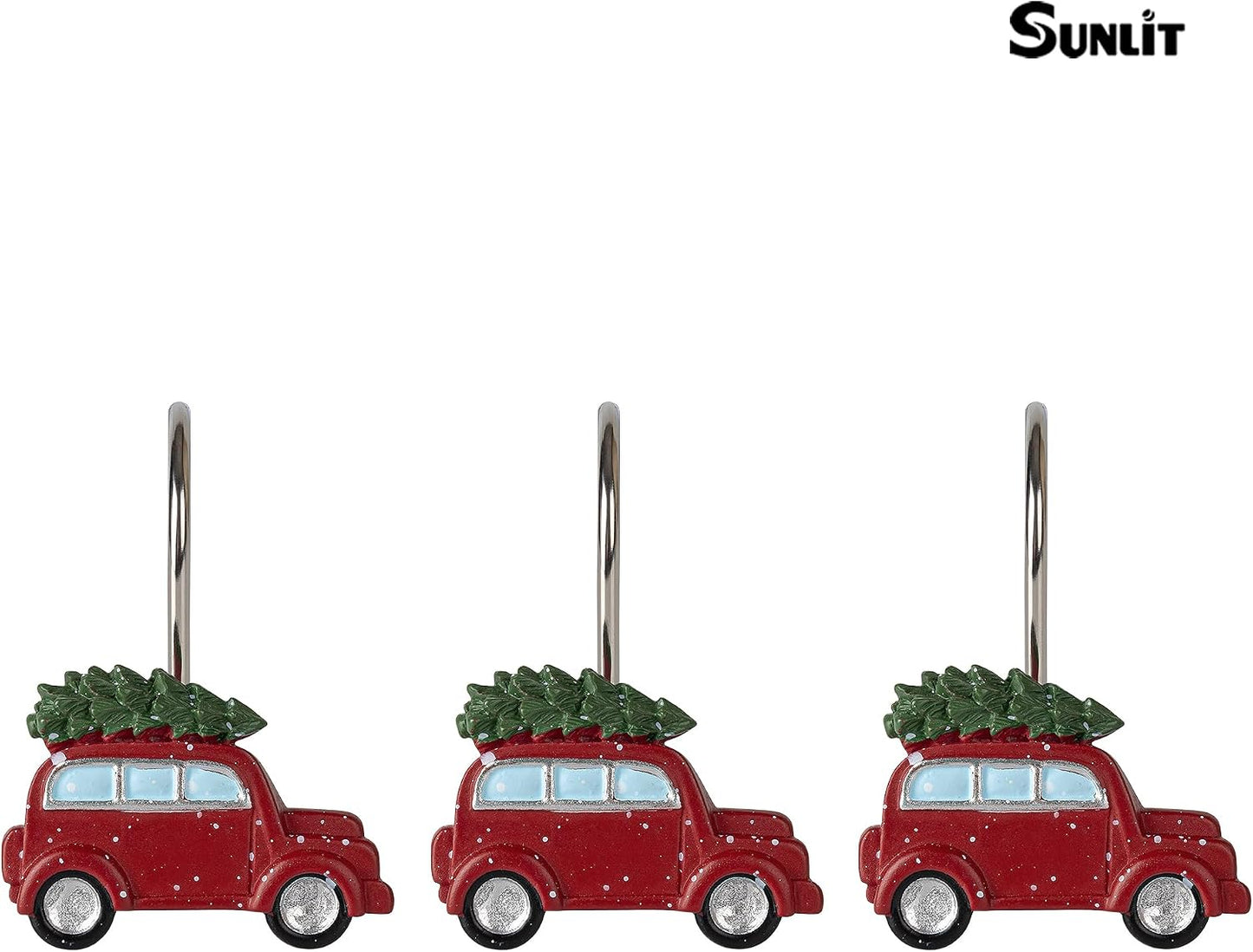 Sunlit Christmas Shower Curtain Hooks, Vintage Red Truck with Snow Xmas Tree Shower Curtain Rings, Resin, Rustic Farmhouse Christmas Decor, Winter Bathroom Decoration, Set of 12