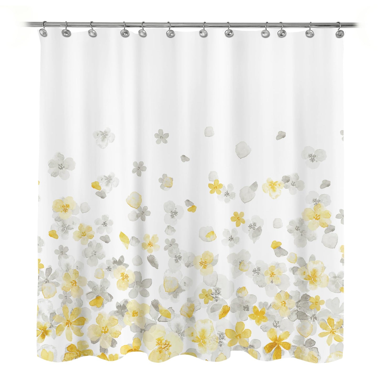 Sunlit Design Simple Style Blue and Gray Flower Blossoms Fabric Shower Curtains for Bathroom Decor with White Background, Machine Washable