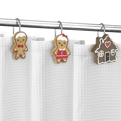 Sunlit Christmas Decorative Shower Curtain Hooks, Cute Gingerbread Man Cookie Shower Curtain Rings, Xmas Winter Holiday Bathroom Decoration for Kids Girls Boys Children, Resin, Set of 12