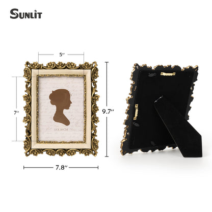 Sunlit Vintage Picture Frame 5x7 Inch, Luxury Antique Photo Frames with Glass Front, Photo Display, Tabletop Wall Hanging, Gift Ideas, Gold and Brown