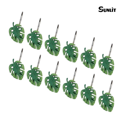 Tropical Leaf Decorative Shower Curtain Hooks, Green Botanical Shower Curtain Rings with Black Hooks, Resin, Monstera Deliciosa Leaves Shower Curtain Hangers for Bathroom, Set of 12