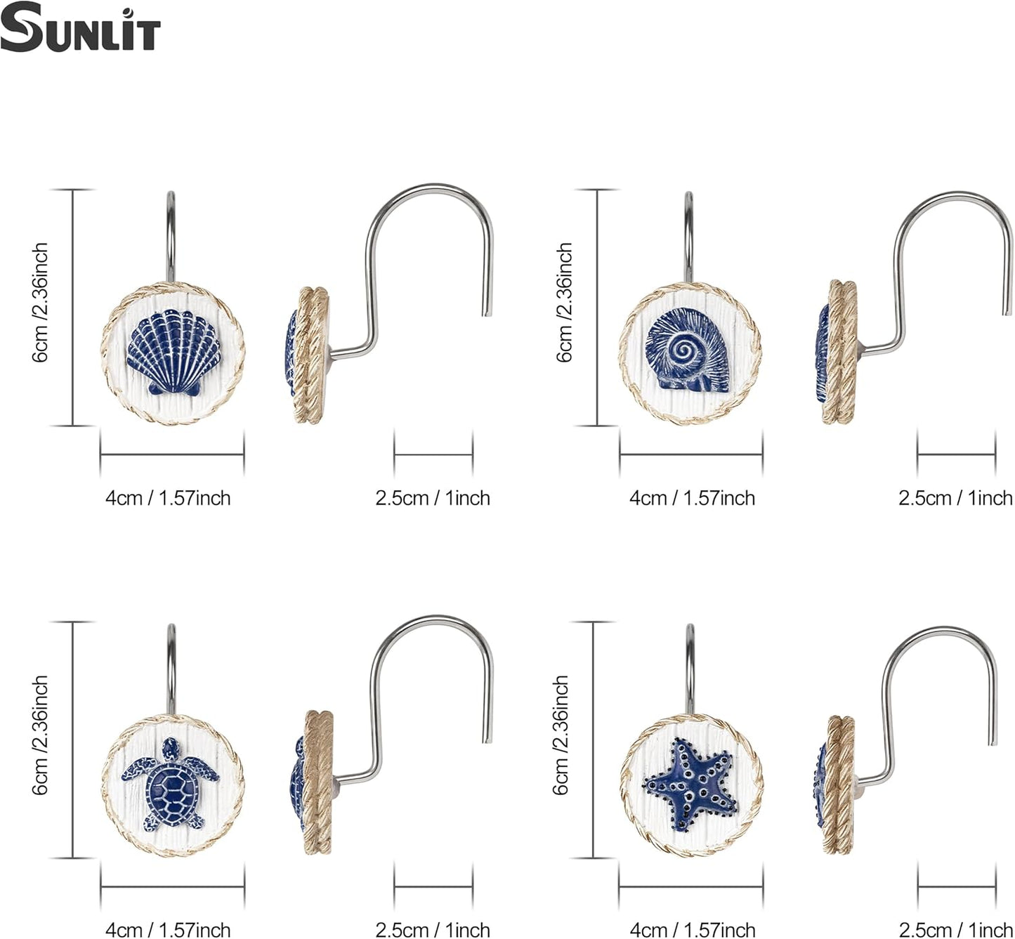 Sunlit Ocean Decorative Shower Curtain Hooks, Sea Turtle Spiral Shell Starfish Conch Shower Curtain Rings, Resin, Nautical Farmhouse Bathroom Decoration Beach Shower Curtain Hooks-12 Pack, Navy