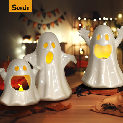 Sunlit Ceramic Pumpkin with 3 Tea Lights, Jack O Lantern Candle Holder Set of 3, Tabletop Indoor Halloween Decorations for Holiday Party Home