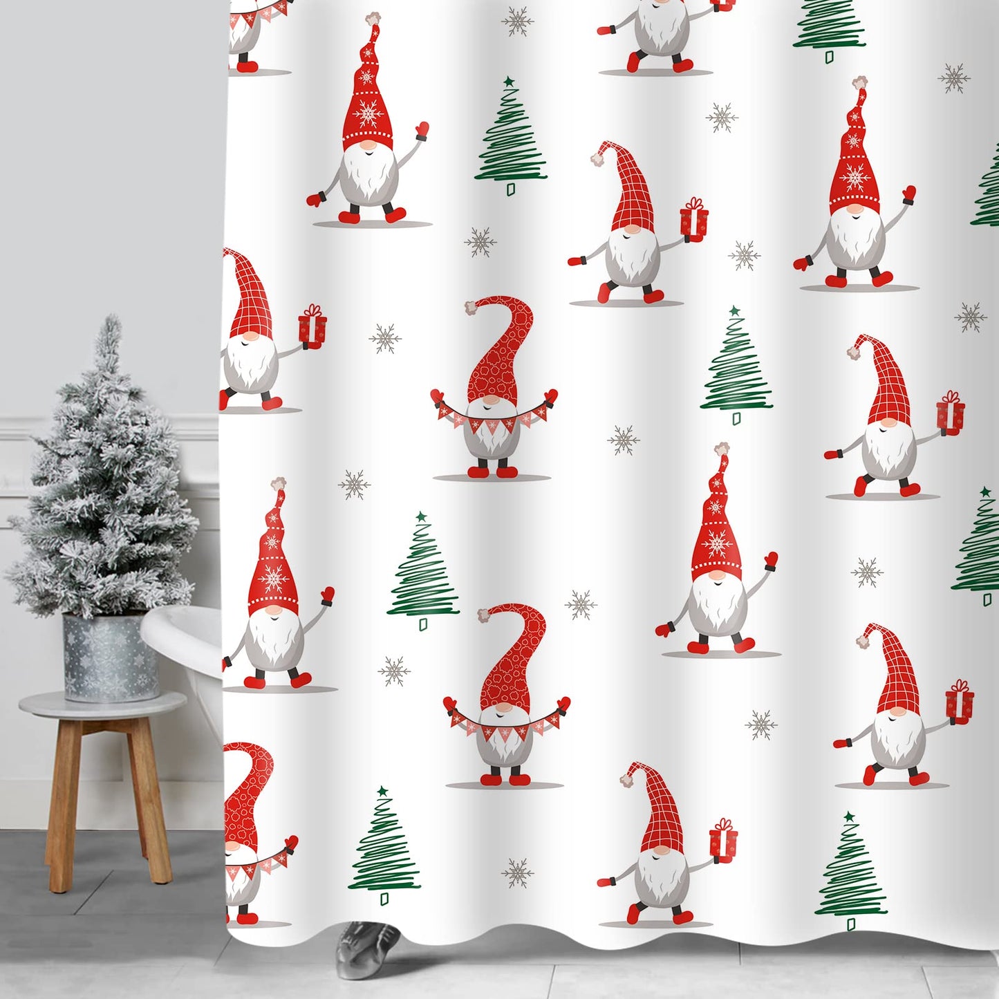 Sunlit Geometric Modern Design Christmas Shower Curtain Christmas Tree Bathroom Home Office Holiday Wall Decoration as Tapestry and Photo Booth Backdrop Red Green White Printed