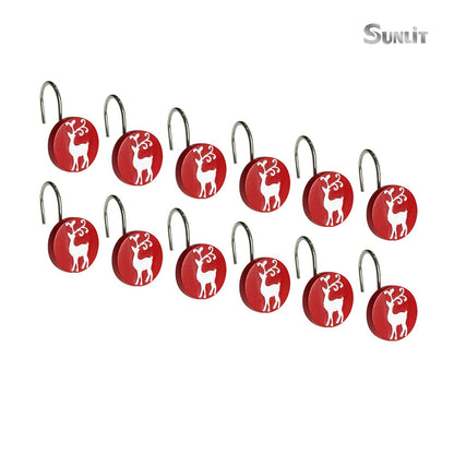 Sunlit Merry Christmas Shower Curtain Hooks White Reindeer Red Shower Curtain Rings, Resin, Winter Bathroom Decoration - 12 Pack
