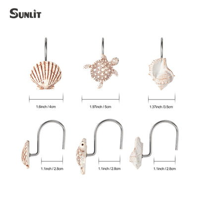 Sunlit Seashells Decorative Shower Curtain Hooks, Scallop Nautilus & Seahorse Shower Curtain Rings, Seashell Blush, Resin, Nautical Bathroom Decoration Beach Shower Curtain Hooks-12 Pack