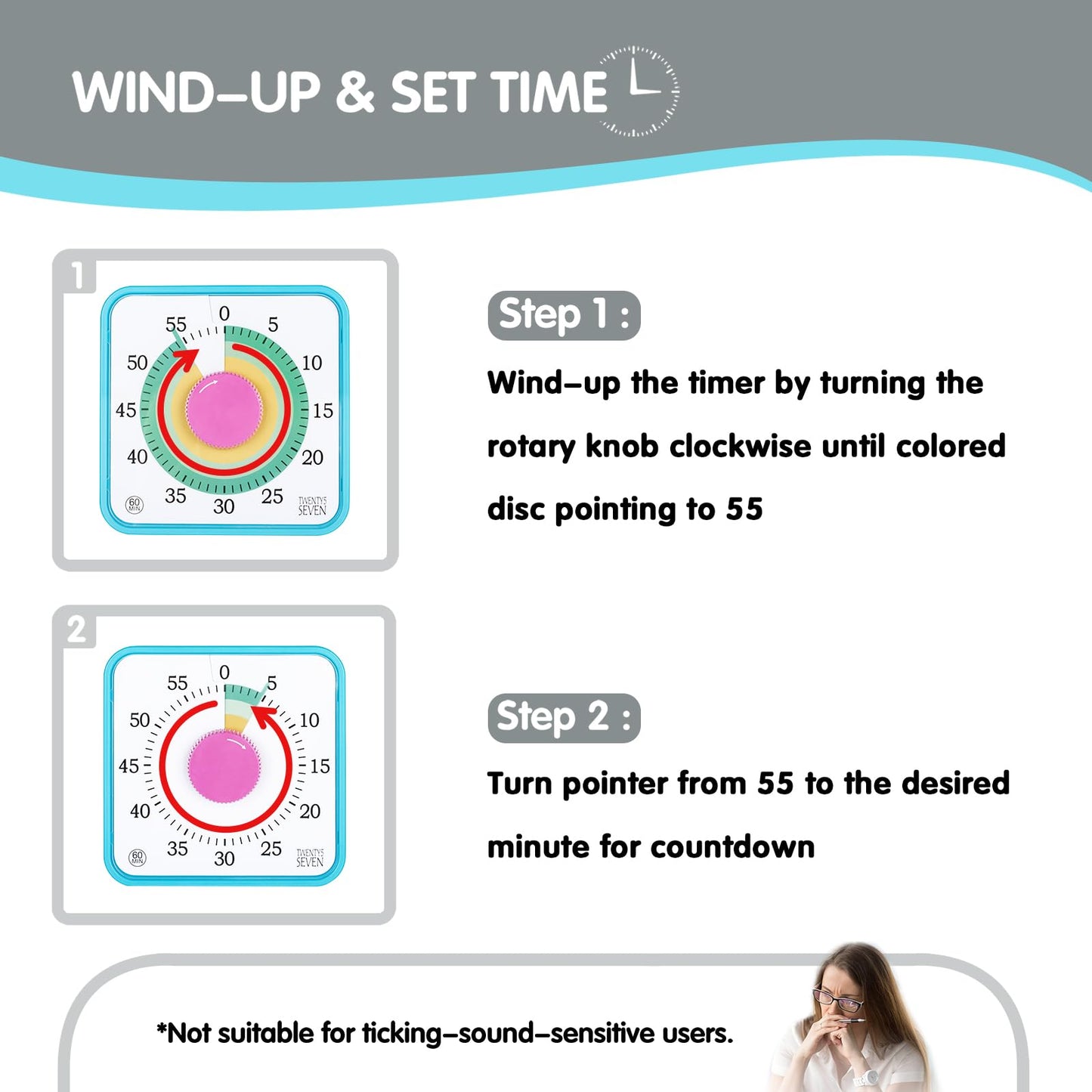 TWENTY5 SEVEN Countdown Timer 7.5 inch; 60 Minute 1 Hour Visual Timer – Classroom Teaching Tool Office Meeting, Mechanical Countdown Clock for Kids Exam Time Management Magnetic, Sky Blue