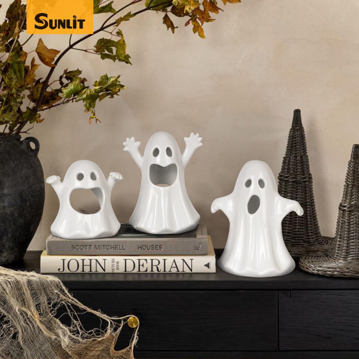 Sunlit Ceramic Ghost with 3 Tea Lights, Spooky Candle Holder Set of 3, Tabletop Indoor Halloween Decorations for Holiday Party Home, Spooky Sculptures Ghost Figurines, White