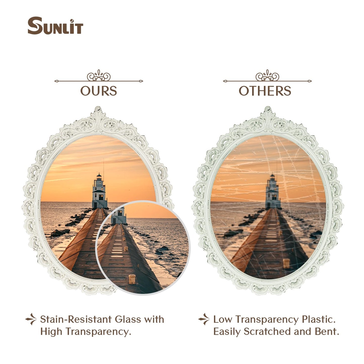 Sunlit Vintage Picture Frame 4x6 Inch, Oval Antique Photo Frames with Glass Front, Luxury Photo Display, Tabletop Wall Hanging, Gift Ideas, White