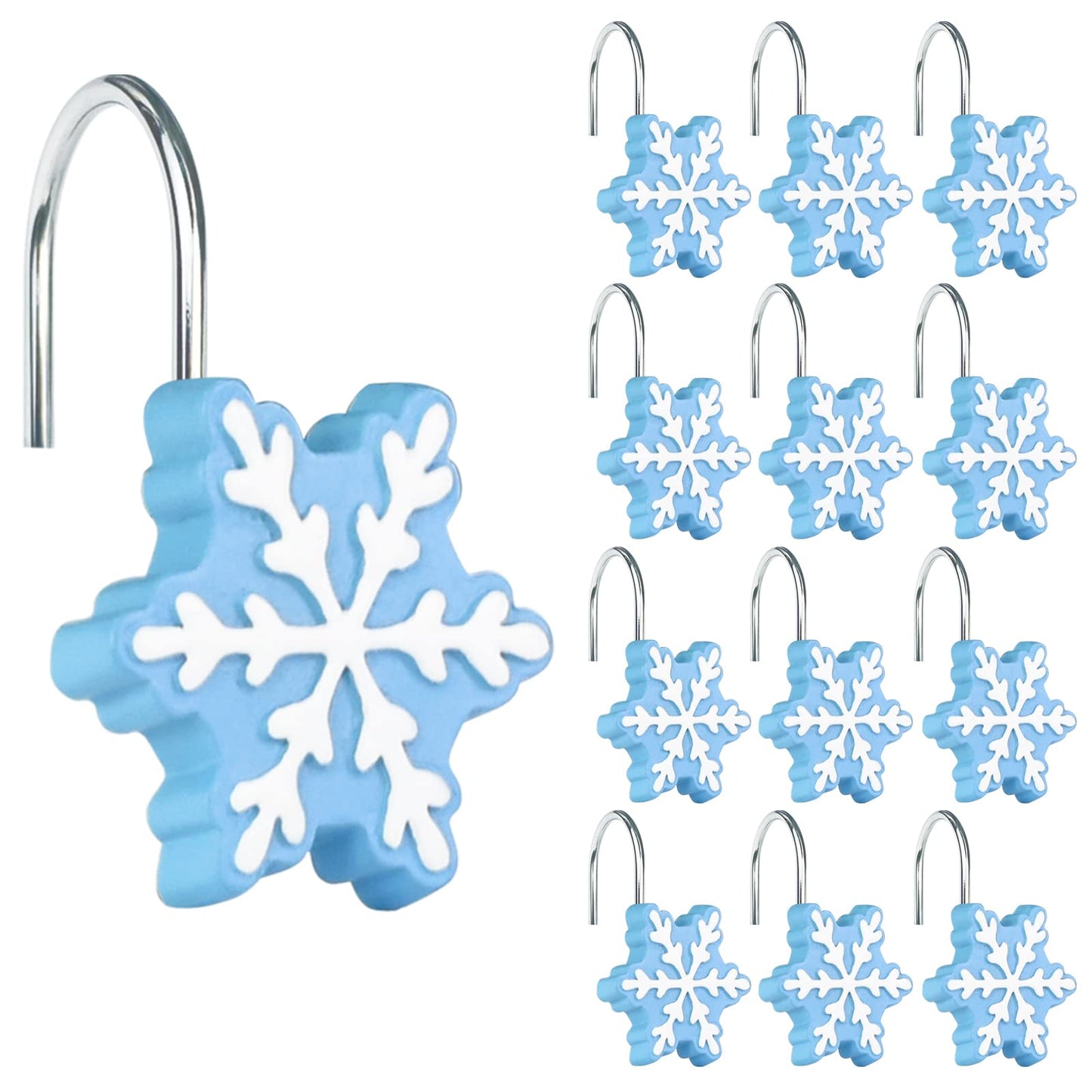 Sunlit Christmas Shower Curtain Hooks Silver Snowflakes Shower Curtain Rings, Resin, White Christmas Decor, Winter Bathroom Decoration - 12 Pack