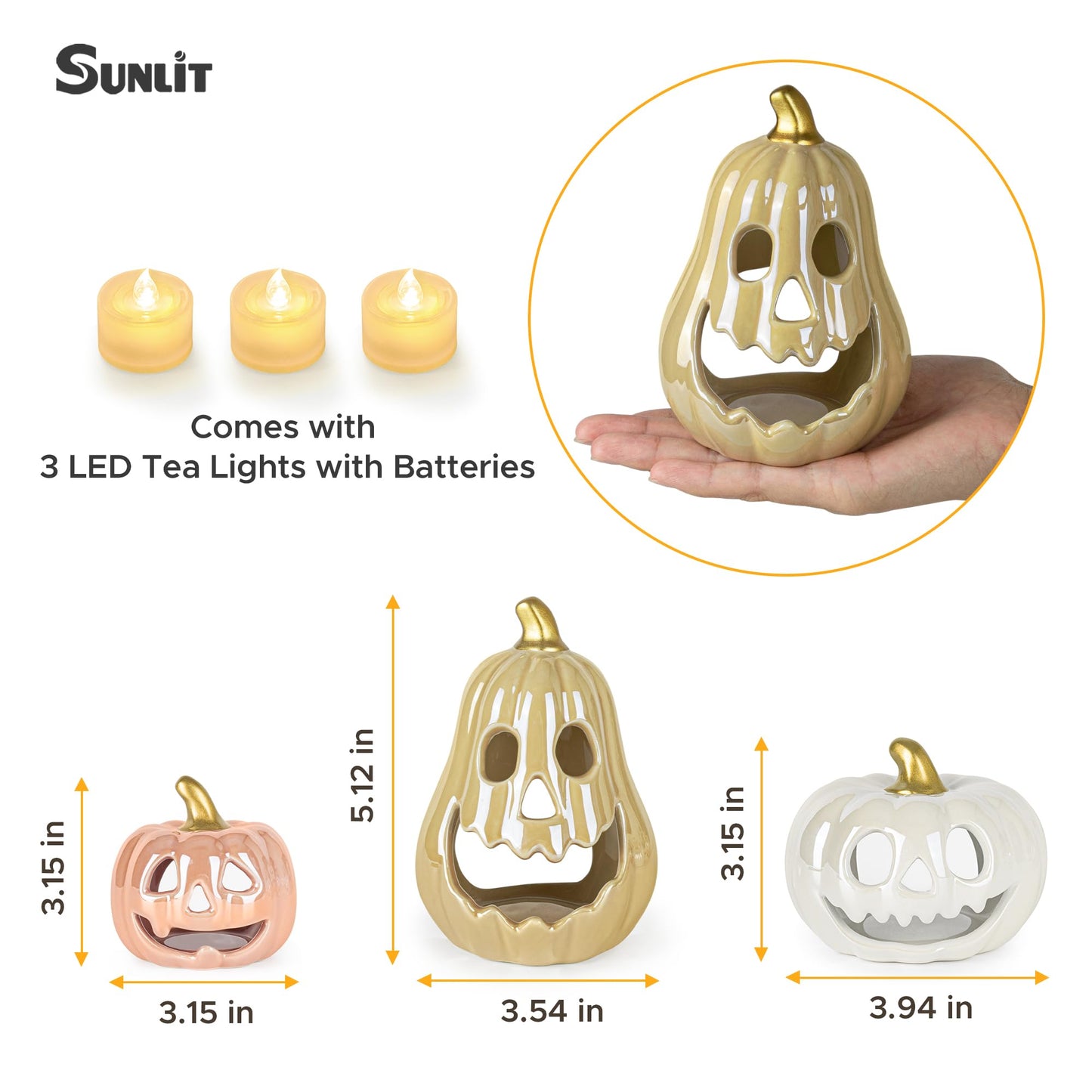 Sunlit Ceramic Pumpkin with 3 Tea Lights, Jack O Lantern Candle Holder Set of 3, Tabletop Indoor Halloween Decorations for Holiday Party Home