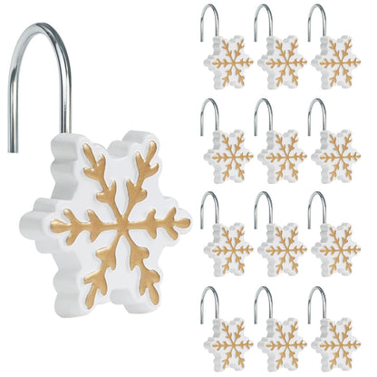 Sunlit Christmas Shower Curtain Hooks Silver Snowflakes Shower Curtain Rings, Resin, White Christmas Decor, Winter Bathroom Decoration - 12 Pack