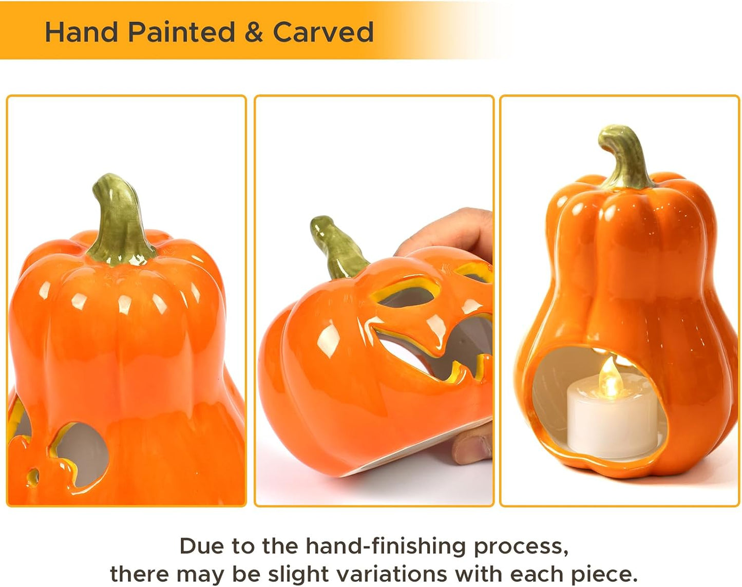 Sunlit Ceramic Pumpkin with 3 Tea Lights, Jack O Lantern Candle Holder Set of 3, Tabletop Indoor Halloween Decorations for Holiday Party Home