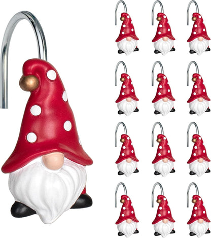 Sunlit Christmas Shower Curtain Hooks, Gnome Shower Curtain Rings, Hand Painted Resin Christmas Decor, Winter Bathroom Decoration, Red Hat with White Polka Dot, Set of 12