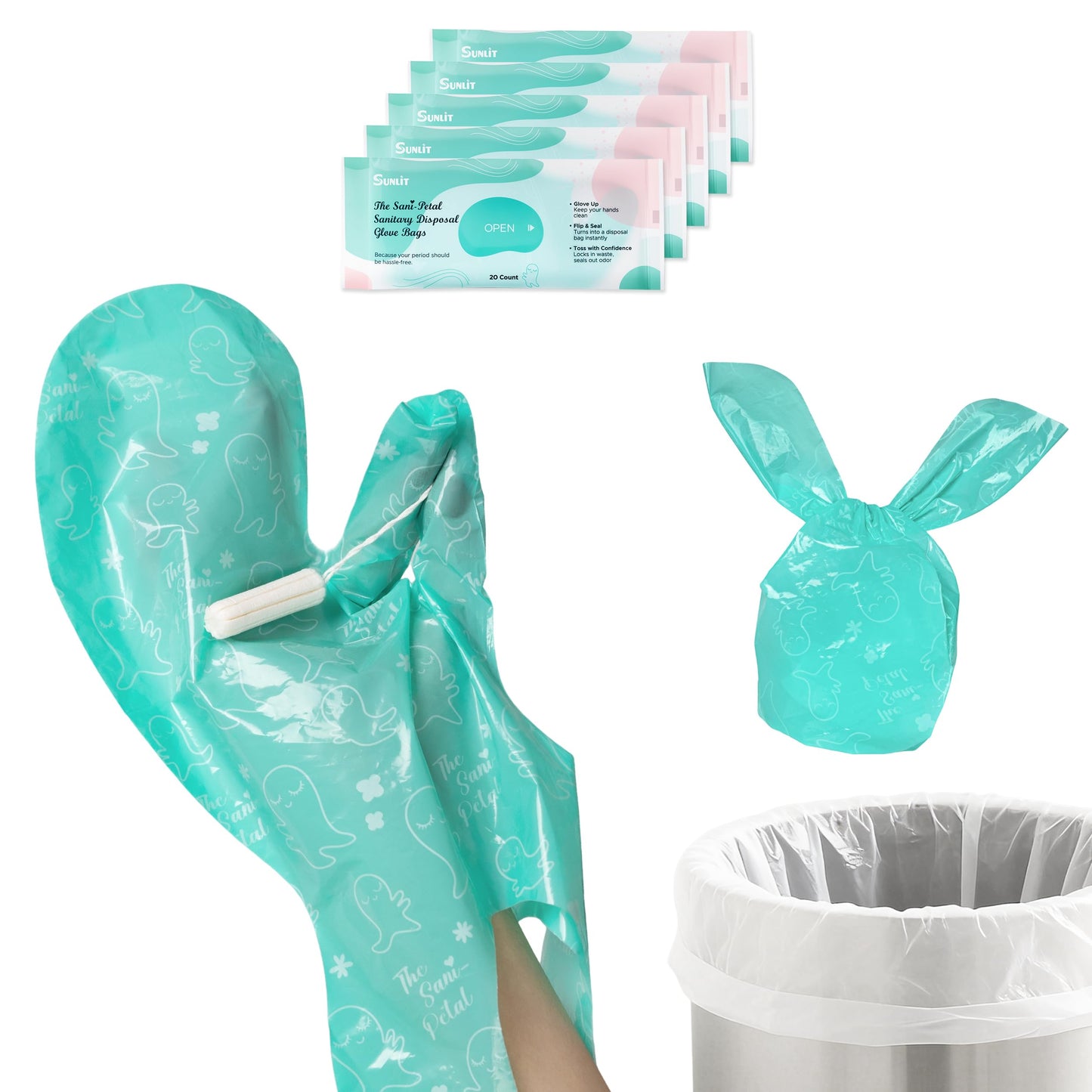 Sunlit No-Touch Feminine Hygiene Disposal Bags, Hygienic Odor-Reducing and Discreet Solution for Tampons Pads Liners and More, Size L - 20 Count