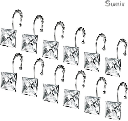 Sunlit Square Rhinestone Shower Curtain Hooks with Glide Balls, 12 Pack
