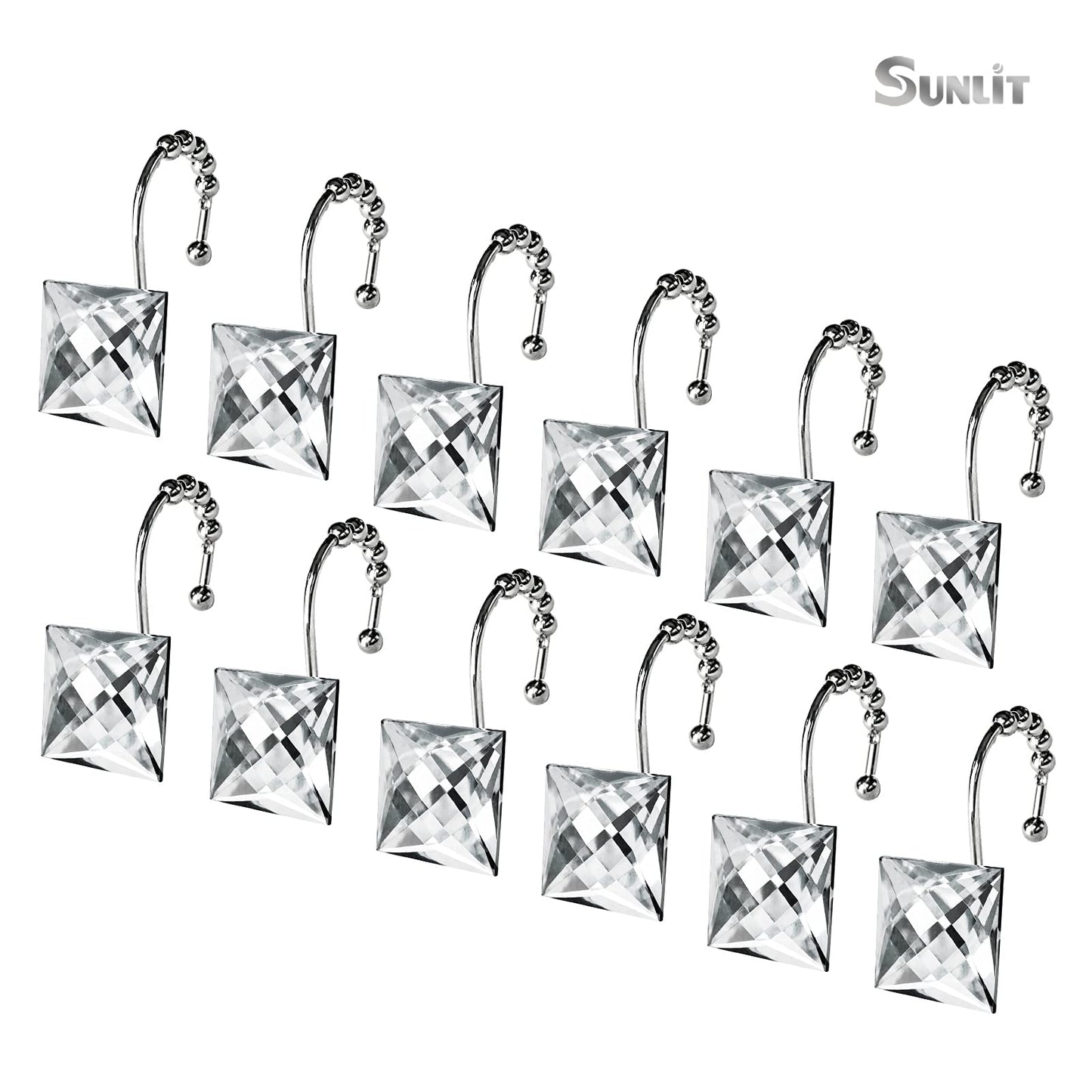Sunlit Luxury Design Square Red Diamond Crystal Gem Bling with Glide Balls Shower Curtain Hooks, Rust Proof Metal Rhinestones Glam Shower Curtain Rings-12 Pack