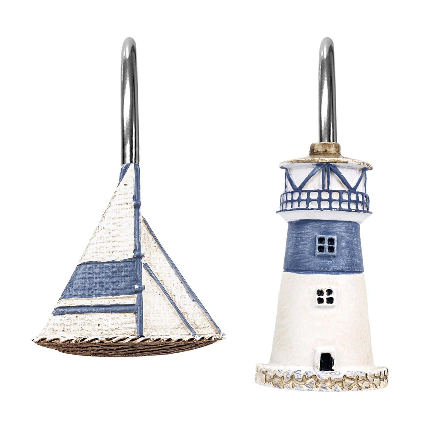 Sunlit Nautical Shower Curtain Hooks, Home Decorative Coastal Shower Curtain Rings for Bathroom, Resin, Ocean Shower Curtain Hanger Hooks for Living Room, Set of 12, Blue Lighthouse Sailboat