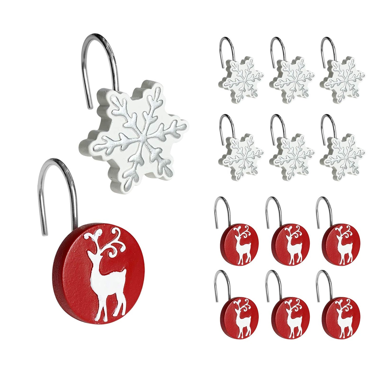 Sunlit Merry Christmas Shower Curtain Hooks White Reindeer Red Shower Curtain Rings, Resin, Winter Bathroom Decoration - 12 Pack