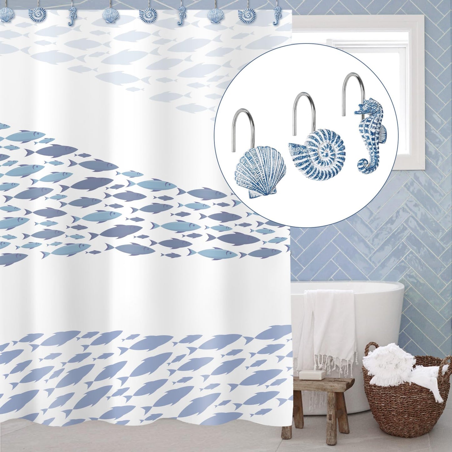 Sunlit Seashells Decorative Shower Curtain Hooks, Blue Ocean Creatures Coastal Shower Curtain Rings with Black Hooks, Resin, Nautical Bathroom Decoration Beach Shower Curtain Hooks, Set of 12