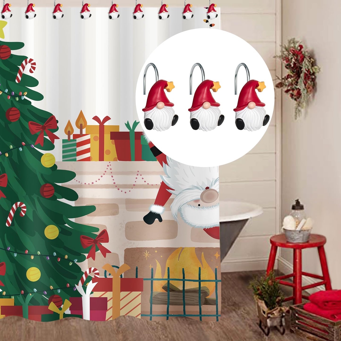 Sunlit Christmas Shower Curtain Hooks, Gnome Shower Curtain Rings, Hand Painted Resin Christmas Decor, Winter Bathroom Decoration, Red Hat with White Polka Dot, Set of 12
